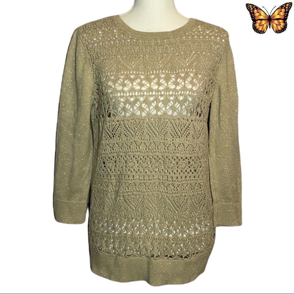 VAN Heusen Vintage Crochet Front 3/4 Sleeve Sweater Size Medium